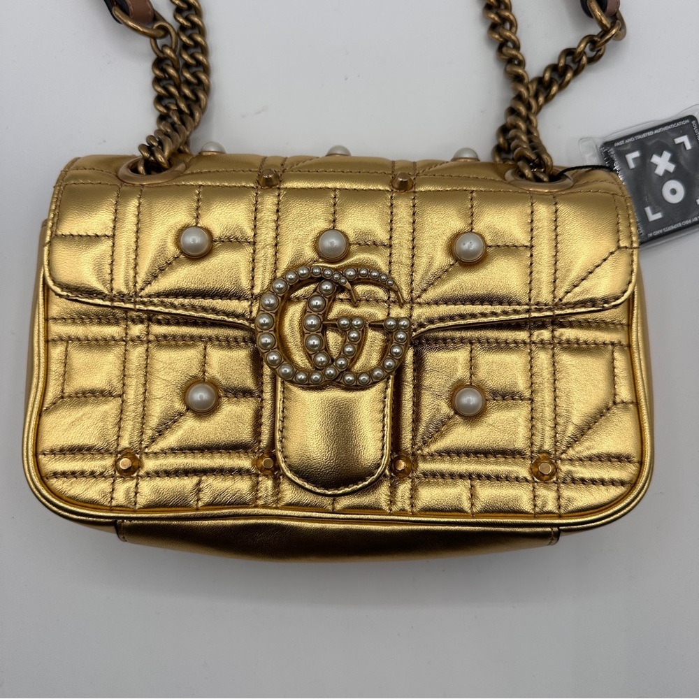 Gucci Marmont Metallic Gold and Pearl calfskin bag w/COA